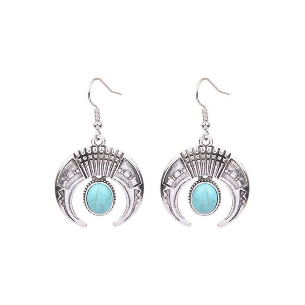 Ethnic Style Alloy Turquoise Drop Earrings Boho Silver Round Retro Moon Oval - Picture 5 of 5